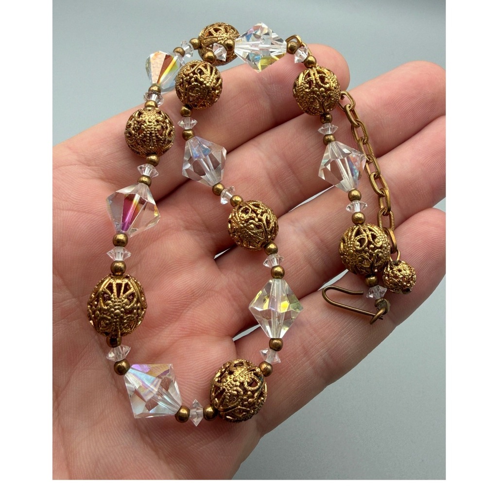 Vintage Aurora Crystal Filigree Bead Necklace Gold Tone Adjustable Necklace#1146